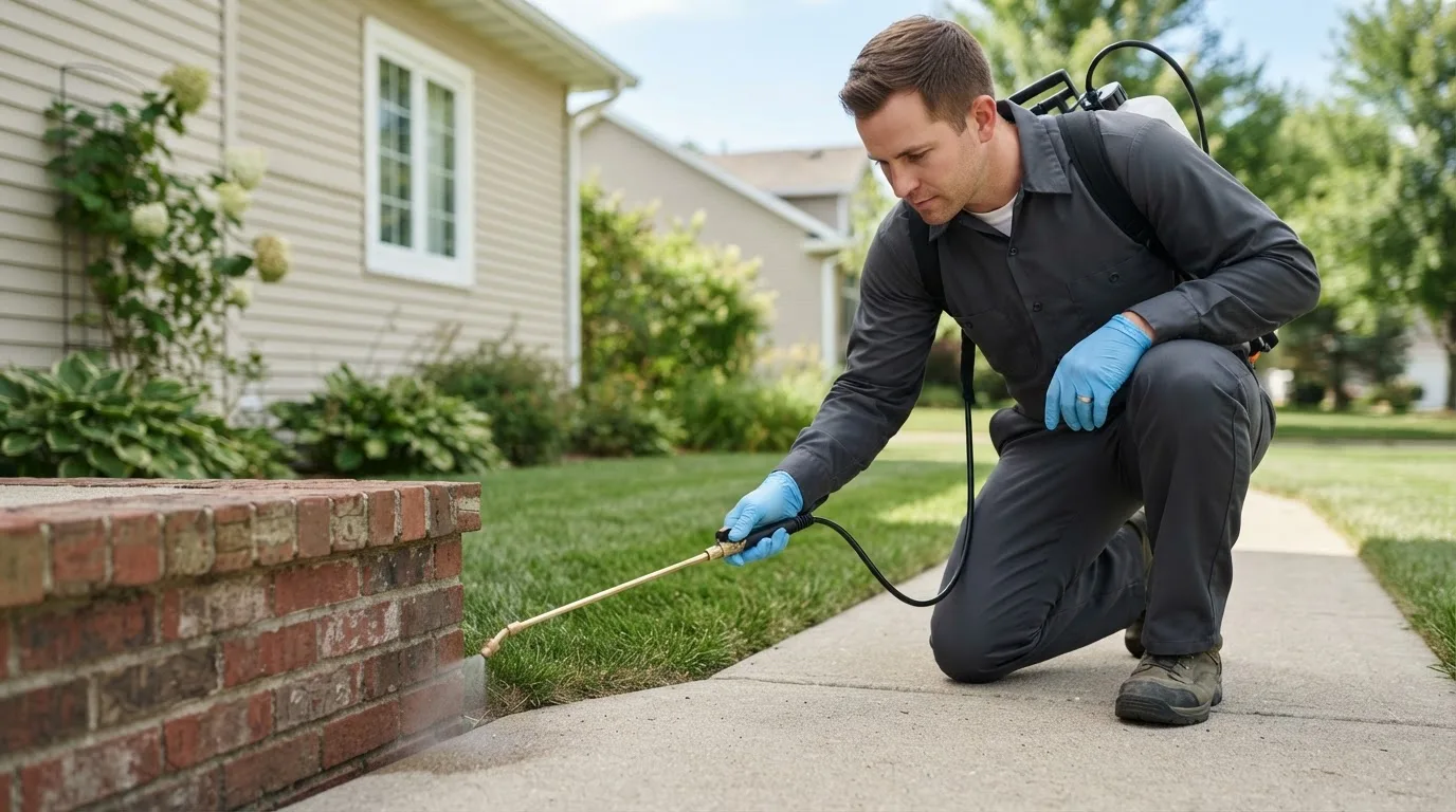 Pest control technician treating a home near Climax, MN